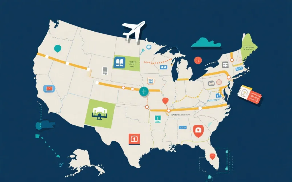 地图与多城市行程规划、机票与门票对照的视觉示意